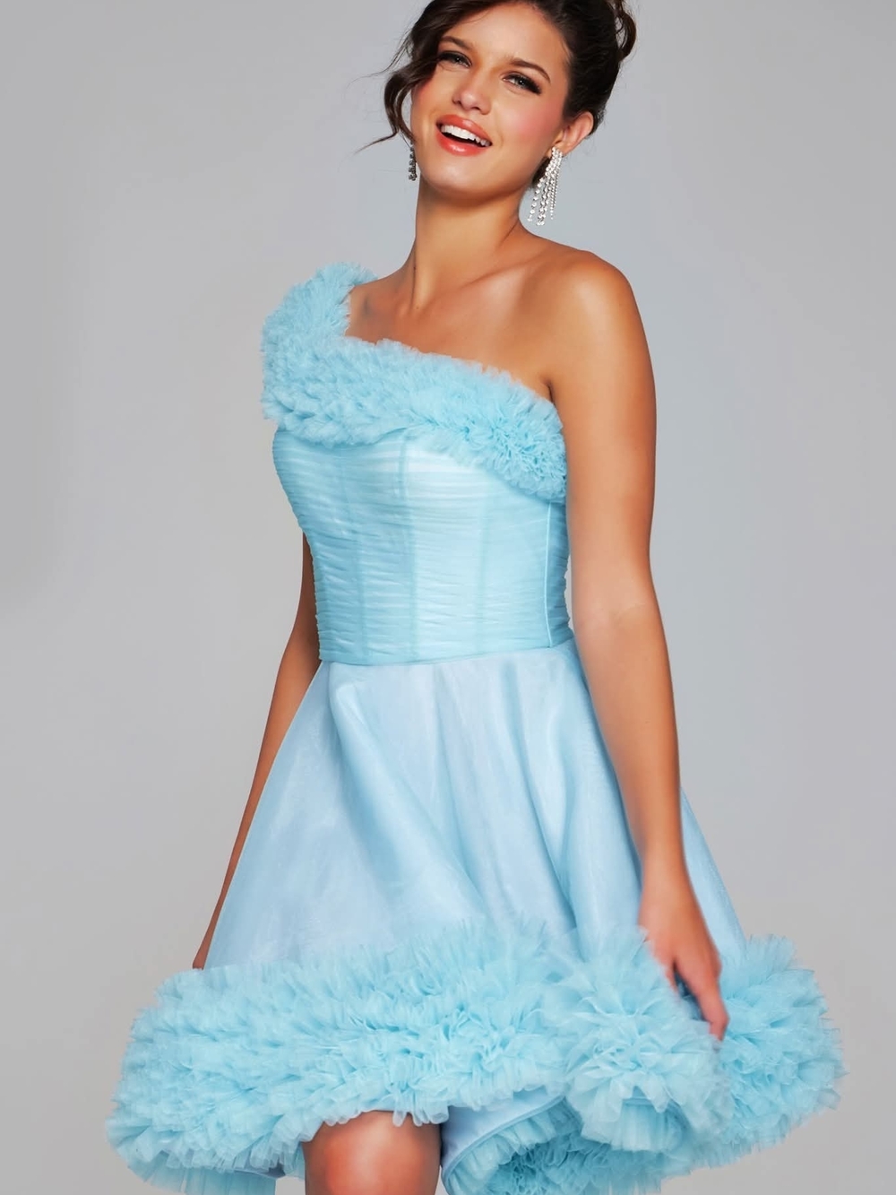 Jovani Light Blue One-Shoulder Ruffle Cocktail Dress